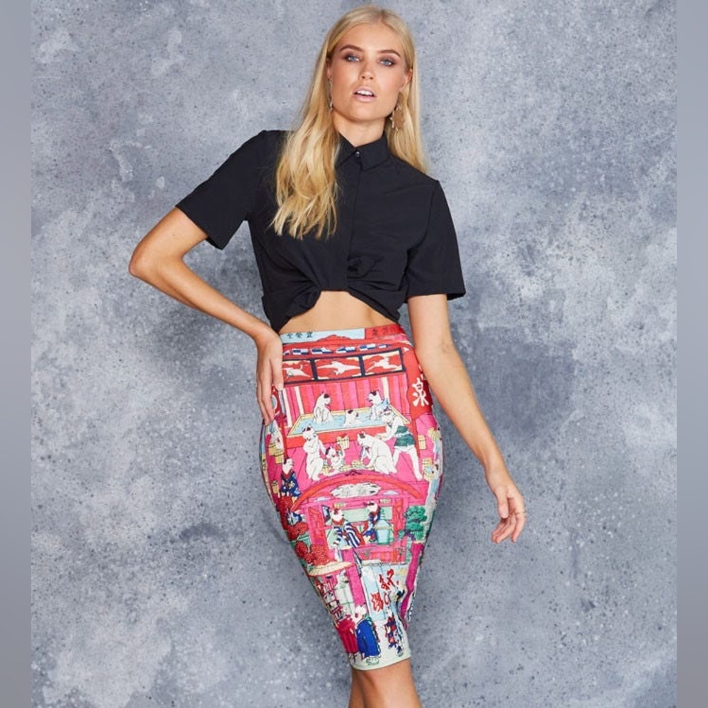 BlackMilk ONSEN CATS MIDI PENCIL SKIRT Size S